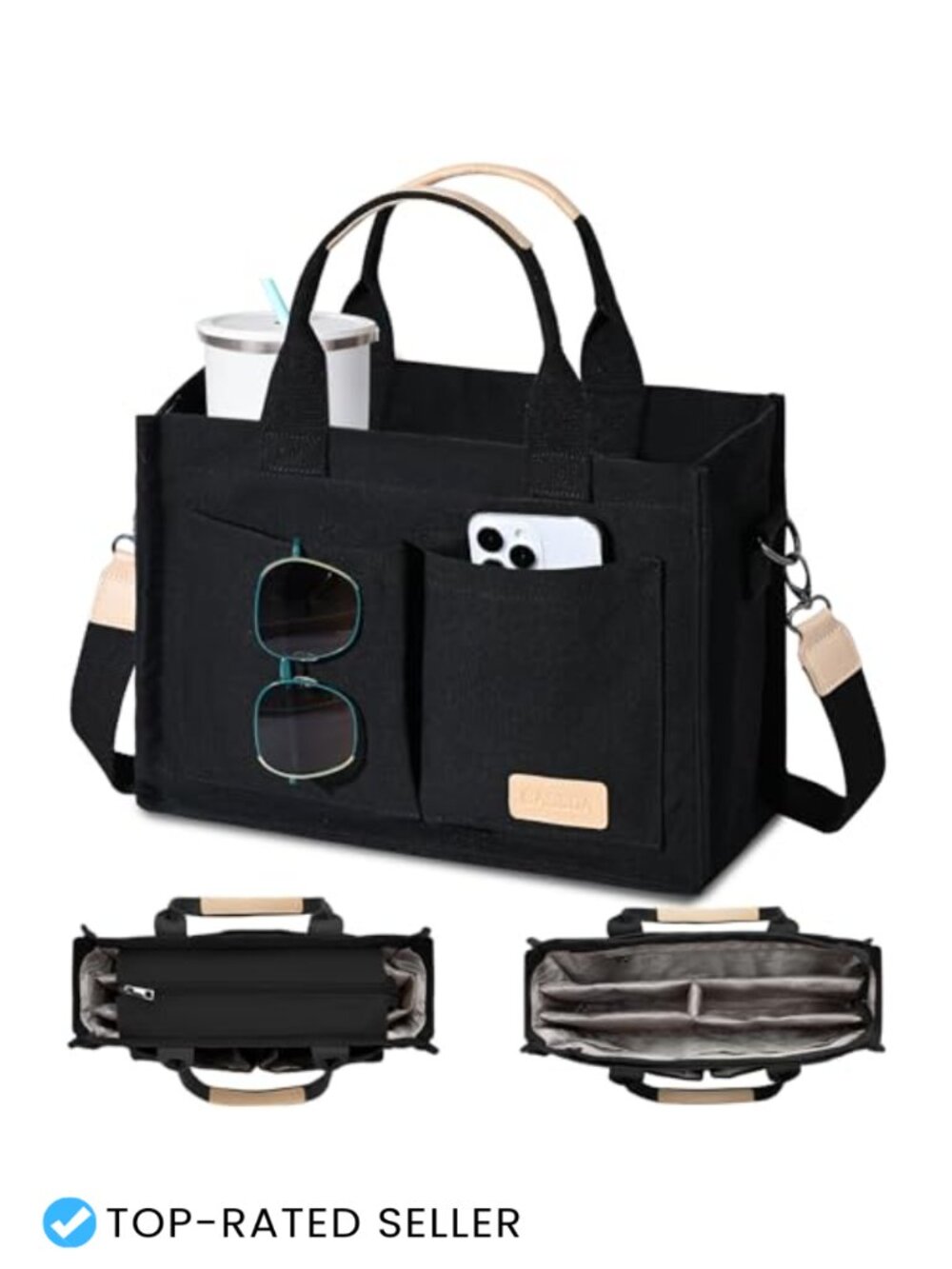 Canvas Tote Bag with Pockets Crossbody Work Purse Top Handle Handbag for Women